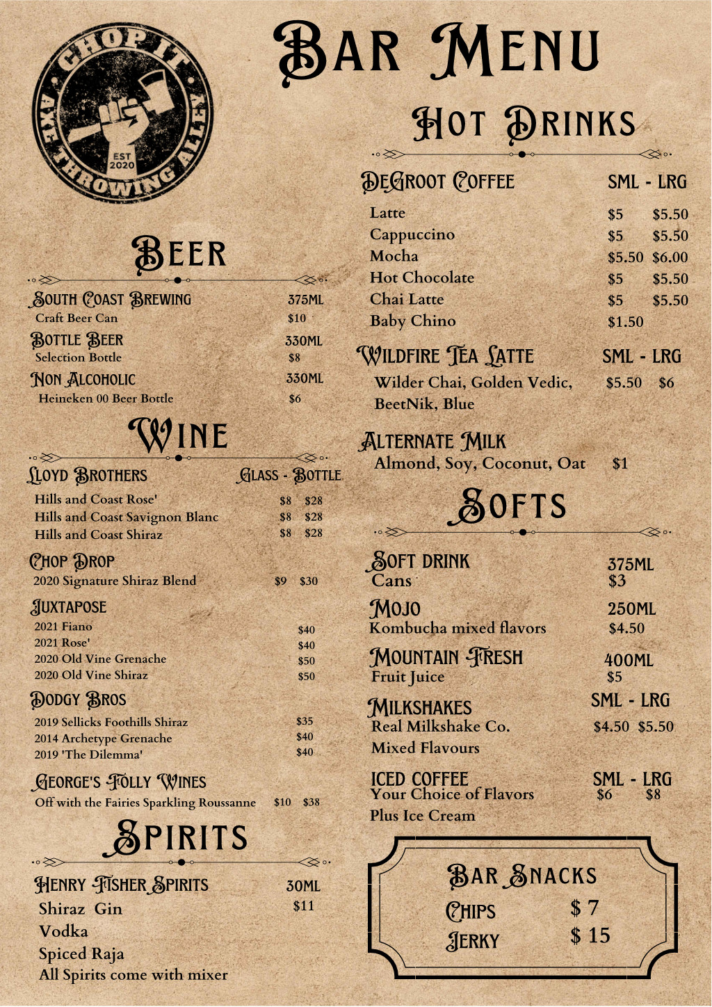 CHOPIT Drinks Menu