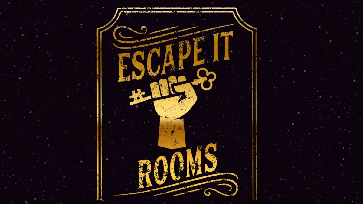Escape it with illustrated hand holding key, in gold on black background