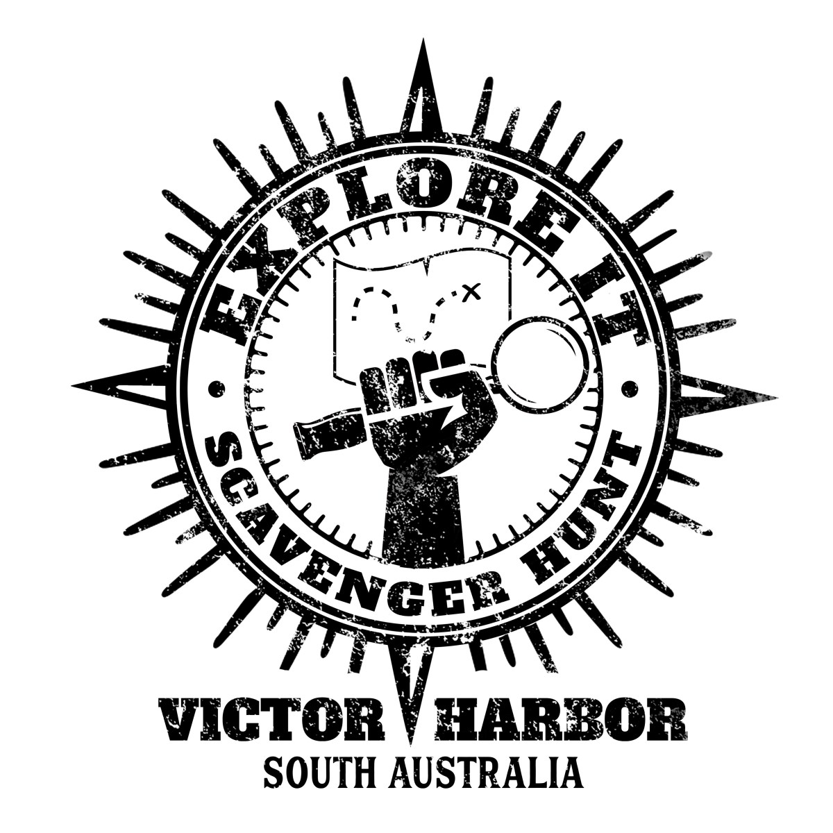 Black logo with a fist holding a magnifying glass and map, text: Explore It! Scavenger Hunt, Victor Harbor, South Australia.