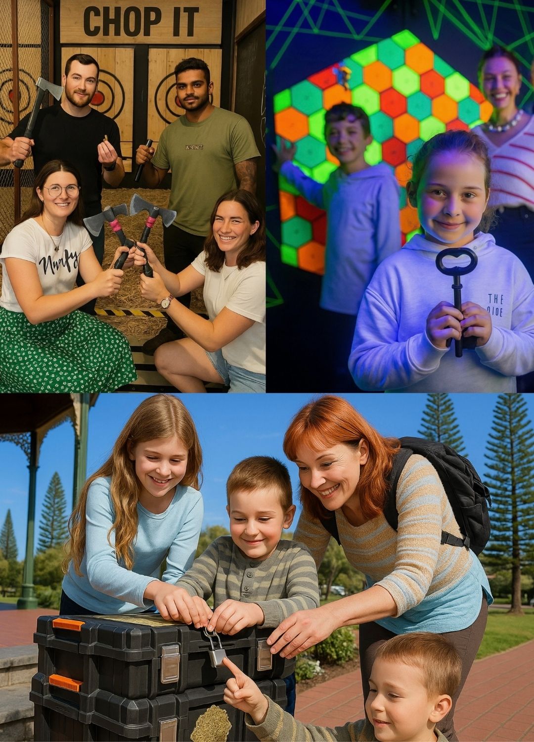 Collage image of all activities Three scenes: axe throwing, kids with a colorful wall, and a family unlocking a box outdoors.
